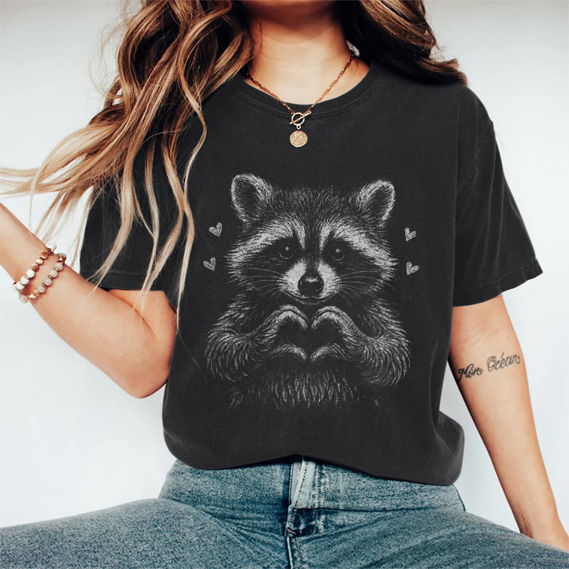 Vintage Ink Watercolor Raccoon Print Acid Washed T-shirt - Black - US20-22(3XL) - image 1