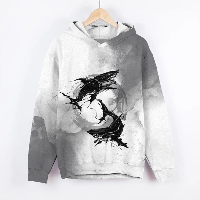 Unisex Japanese Ink Painting Style Shark Pattern Print Long Sleeved Hoodie - Light Gray - US44-46(8XL) - image 1