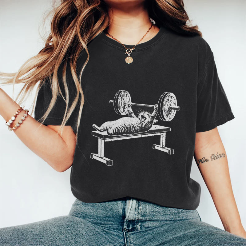 Vintage Funny Lifting Cat Print Acid Washed T-shirt - Black - US20-22(3XL) - image 1