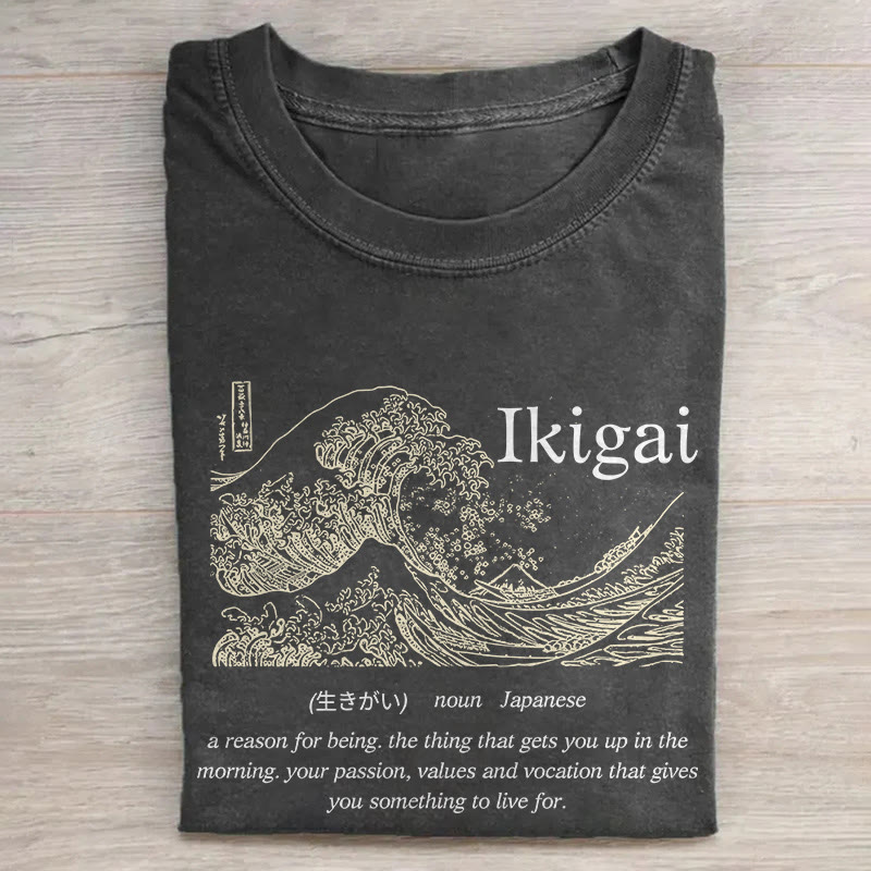 Japanese Sketch-style Wave Art Pattern Print Acid Washed T-shirt - Black - US20-22(3XL) - image 1