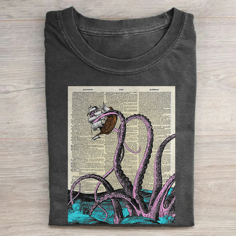 Japanese Octopus Art Pattern Print Acid Washed T-shirt - Black - US20-22(3XL) - image 1