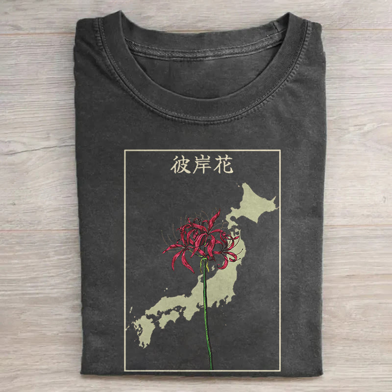 Japanese Map Spider Lily Art Pattern Print Acid Washed T-shirt - Black - US20-22(3XL) - image 1