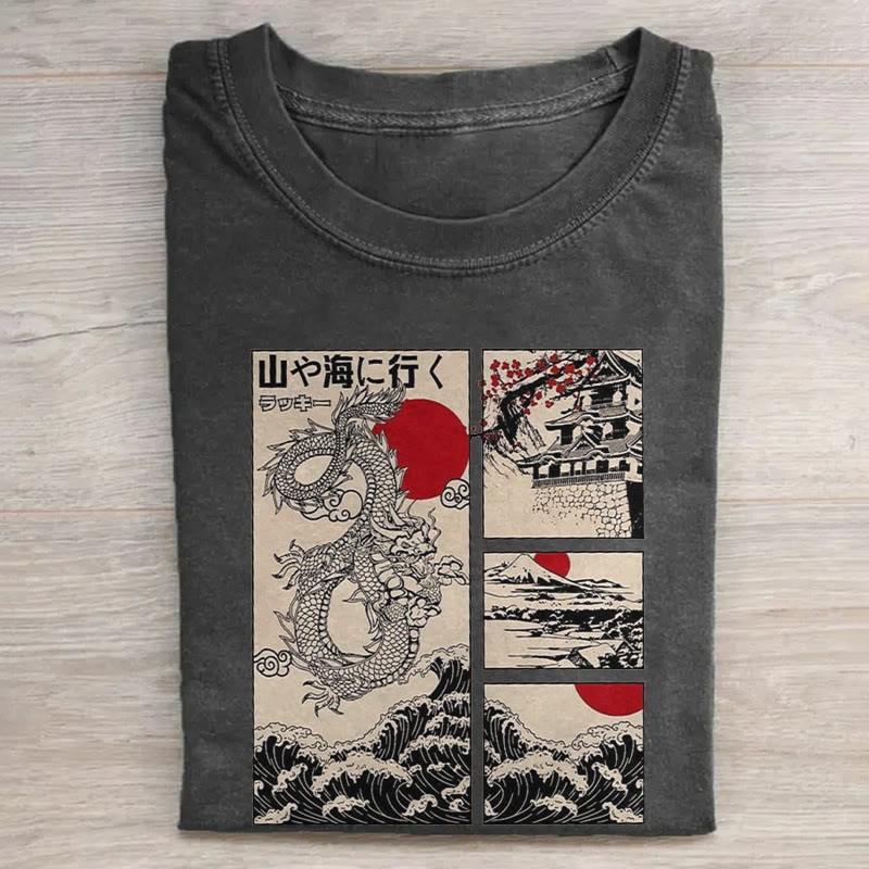 Japanese Mountain Sea Dragon Pattern Print Acid Washed T-shirt - Black - US20-22(3XL) - image 1