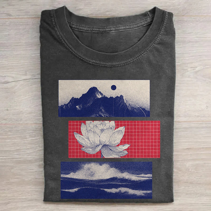 Japanese Lotus Mountain Art Pattern Print Acid Washed T-shirt - Black - US20-22(3XL) - image 1