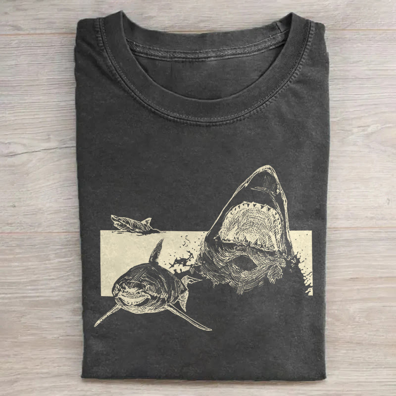 Japanese Sketch Style Shark Art Pattern Print Acid Washed T-shirt - Black - US20-22(3XL) - image 1