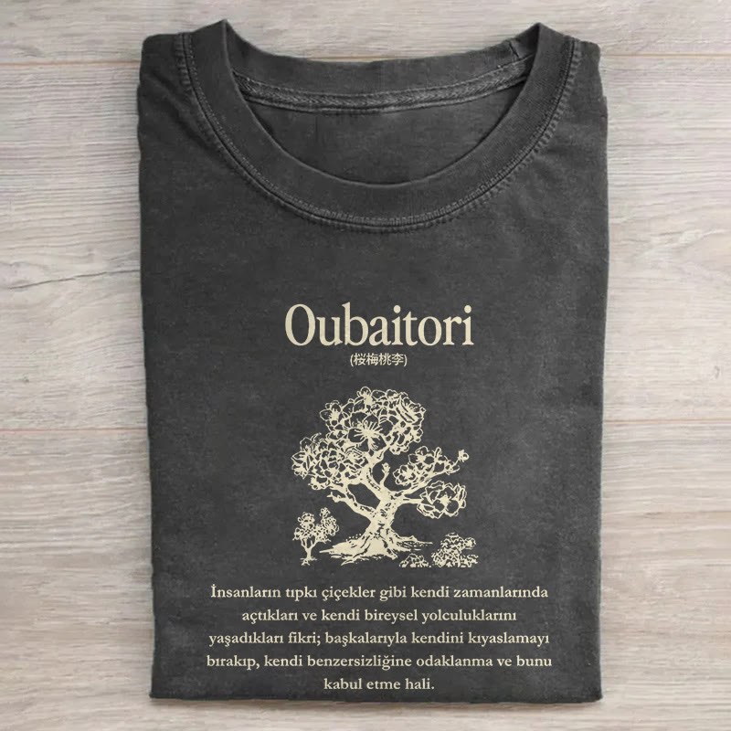 Japanese Zen-inspired Botanical Art Patterns Print Acid Washed T-shirt - Black - US20-22(3XL) - image 1