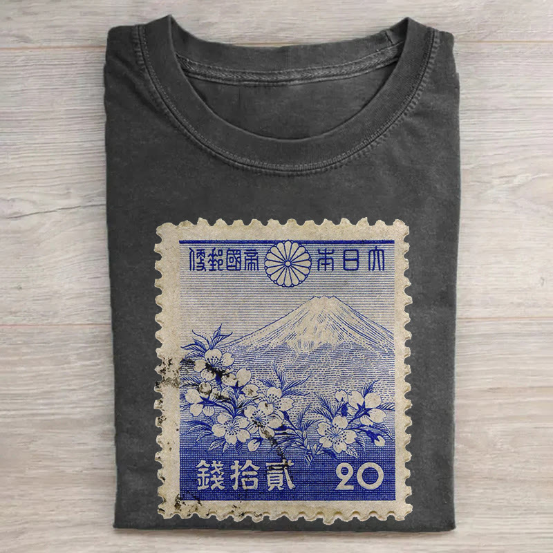 Japanese Classic Postage Stamp Art Print Acid Washed T-shirt - Black - US20-22(3XL) - image 1