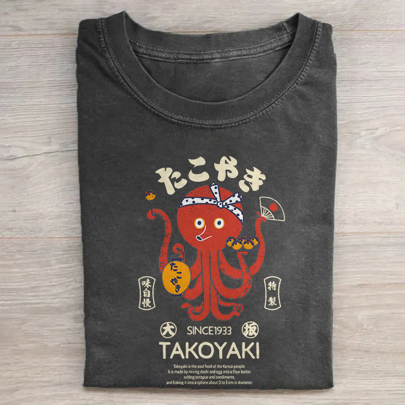Japanese Octopus Pattern Print Acid Washed T-shirt - Black - US20-22(3XL) - image 1