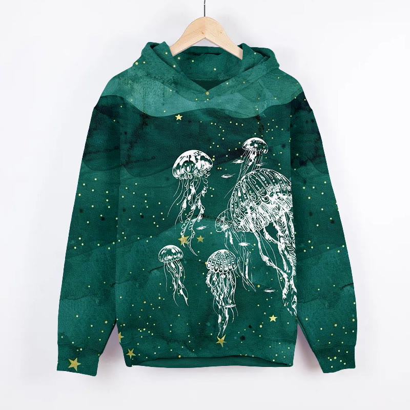Starry Transparent Jellyfish Art Print Long Sleeve Hoodie - Green - US44-46(8XL) - image 2