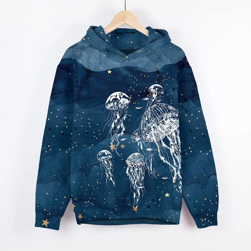 Starry Transparent Jellyfish Art Print Long Sleeve Hoodie - Blue - US44-46(8XL) - image 1