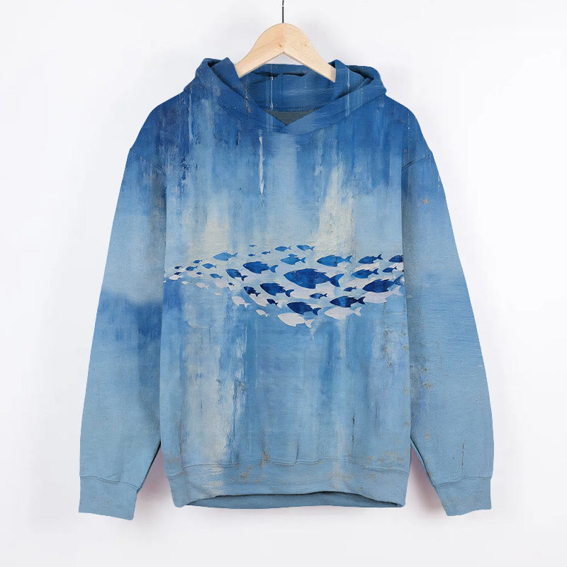 Oil Painting Fish School Art Print Long Sleeve Hoodie - Blue - US44-46(8XL) - image 2