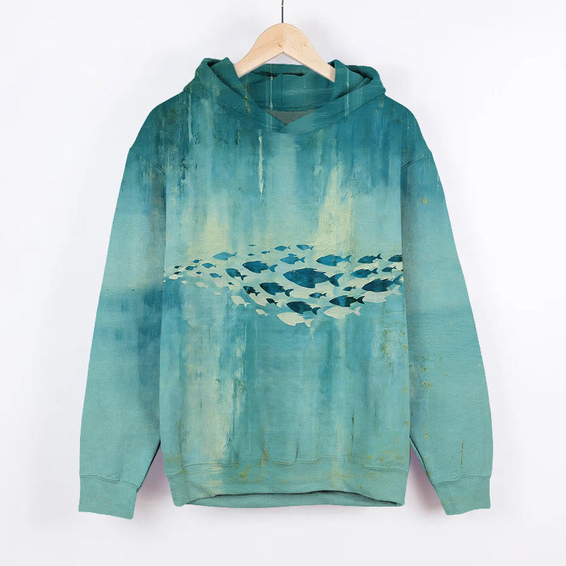 Oil Painting Fish School Art Print Long Sleeve Hoodie - Green - US44-46(8XL) - image 1