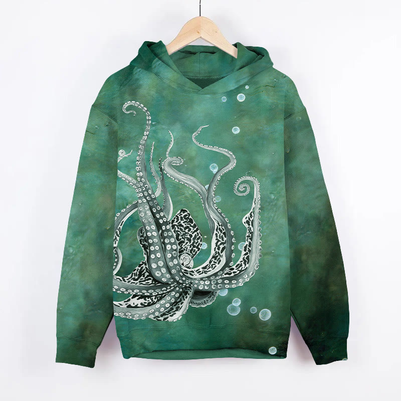 Funny Octopus Blowing Bubbles Art Print Long Sleeve Hoodie - Green - US44-46(8XL) - image 2