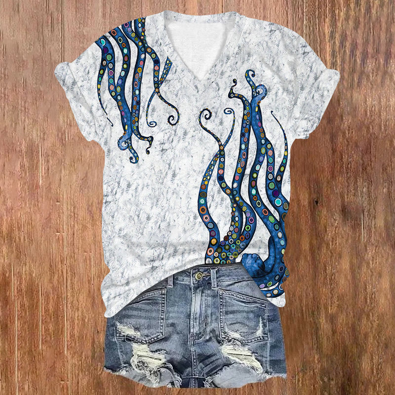 Japanese Ink Painting Style Octopus Pattern Print Short Sleeved V-neck T-shirt - Light Gray - US32-34(5XL) - image 1