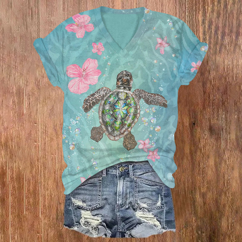 Ocean Floral Turtle Pattern Print Short Sleeved V-neck T-shirt - Light Blue - US32-34(5XL) - image 1