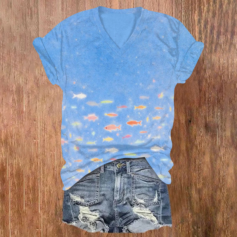 Japanese Dreamcore Goldfish Pattern Print Short Sleeved V-neck T-shirt - Light Blue - US32-34(5XL) - image 1
