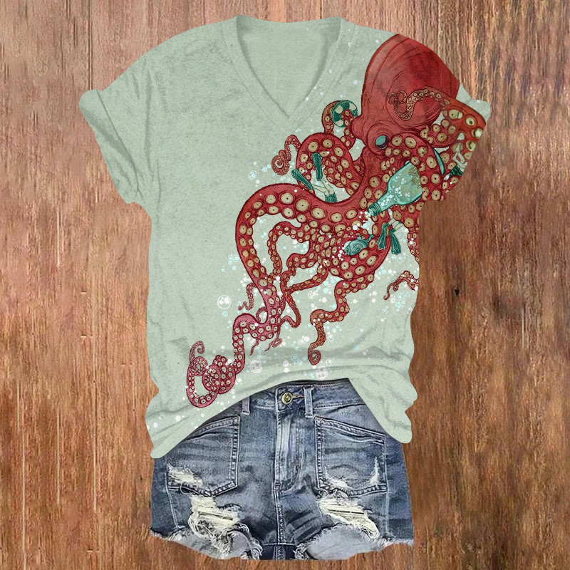 Japanese Underwater Octopus Art Pattern Print Short Sleeved V-neck T-shirt - Light Green - US32-34(5XL) - image 1