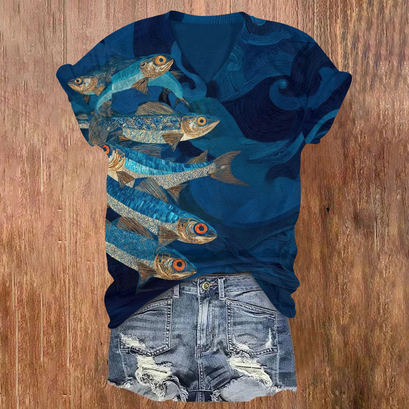 Japanese Fish School Print Art Pattern Print Short Sleeved V-neck T-shirt - Navy Blue - US32-34(5XL) - image 1