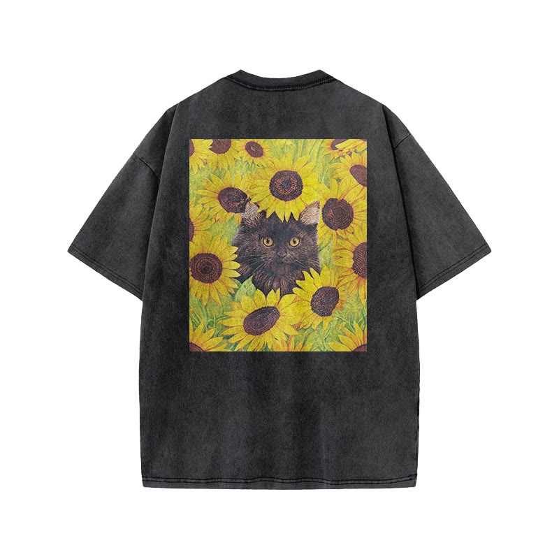 A Black Cat Hidden Among Clusters Of Sunflowers Print Acid Washed T-shirt - image 1