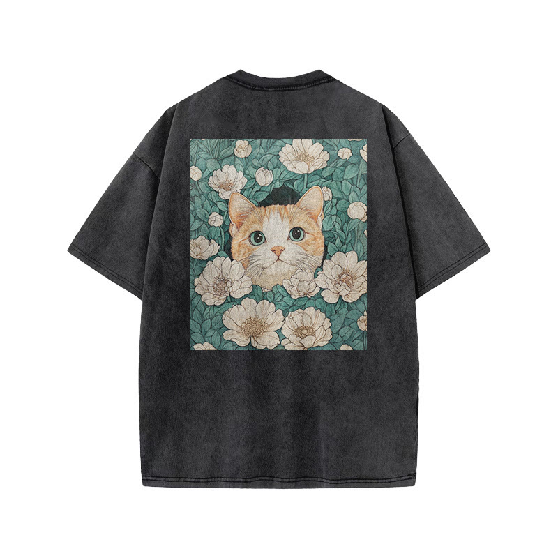 A Black Cat Hidden Among Clusters Of White Flowers Print Acid Washed T-shirt - image 1