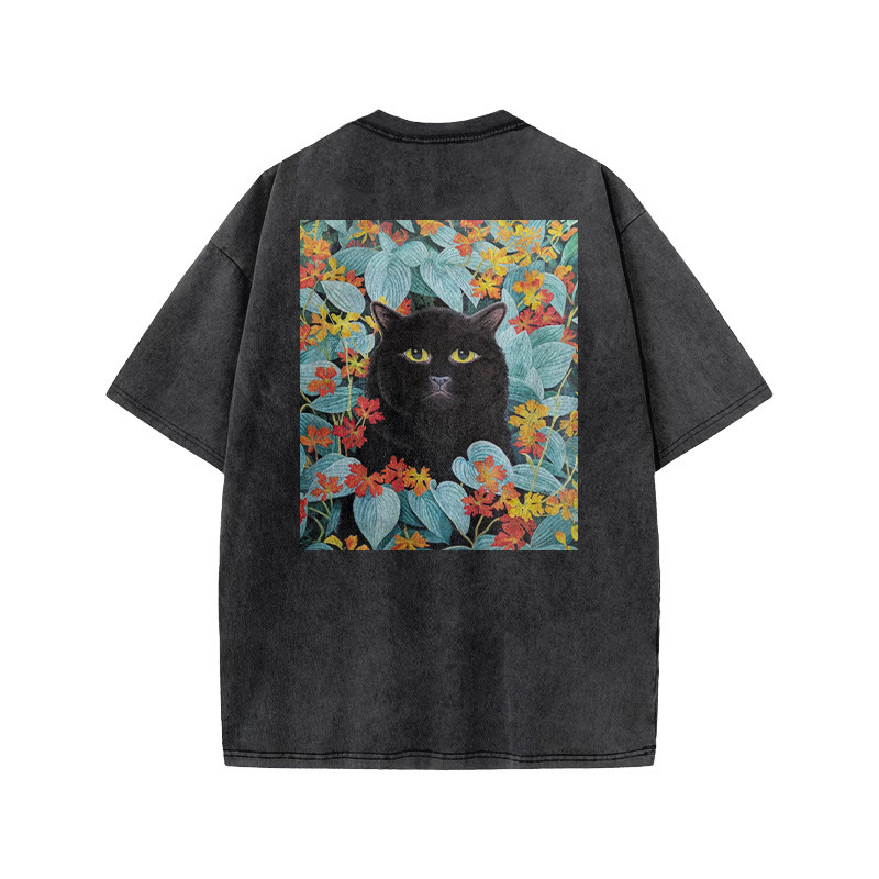 A Black Cat In A Field Of Blue Leaves Print Acid Washed T-shirt - image 1
