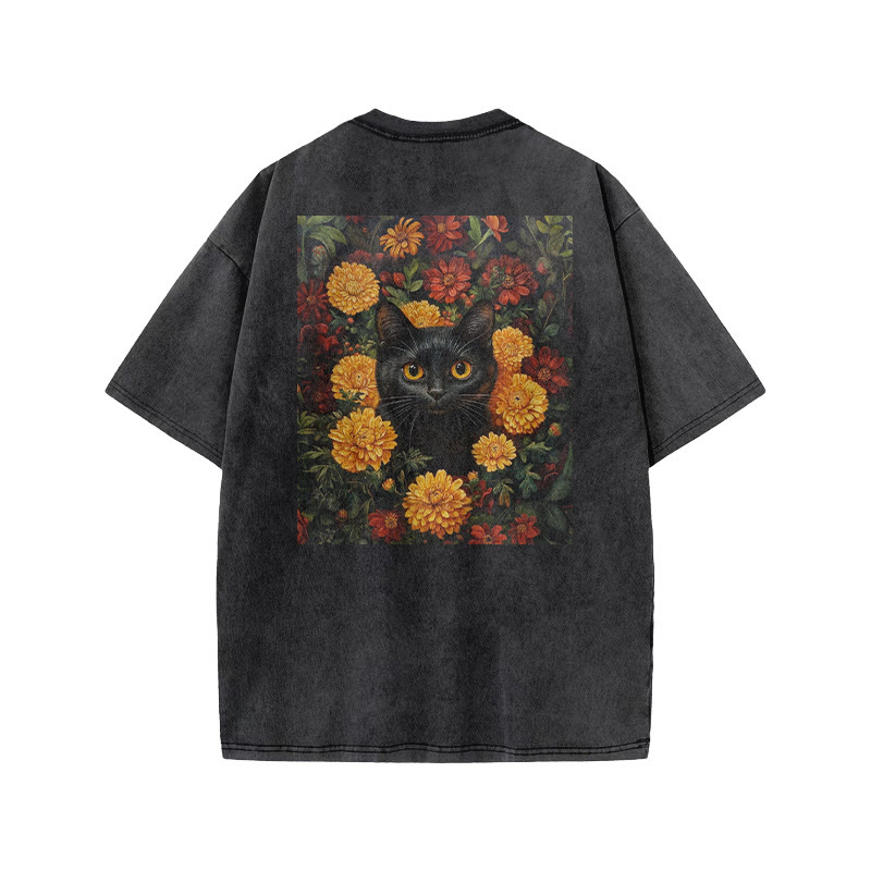 A Black Cat In A Field Of Chrysanthemums Print Acid Washed T-shirt - image 1