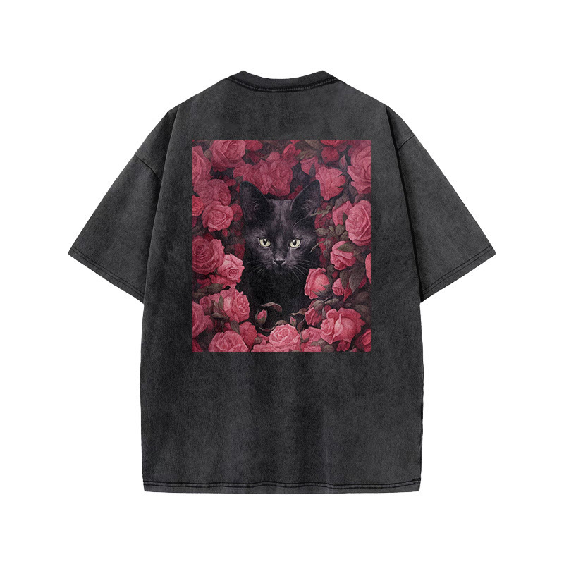 A Black Cat Hidden Among Clusters Of Magenta Roses Print Acid Washed T-shirt - image 1