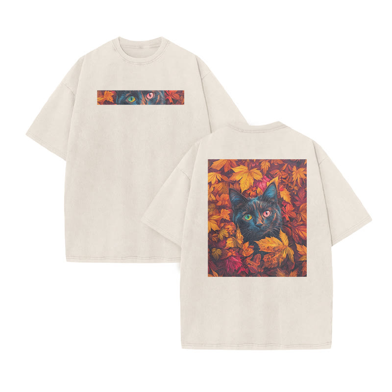 A Black Cat In A Field Of Maple Leaves Print Acid Washed T-shirt - Beige - US20-22(3XL) - image 3