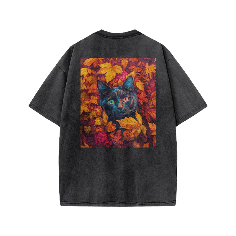 A Black Cat In A Field Of Maple Leaves Print Acid Washed T-shirt - image 1