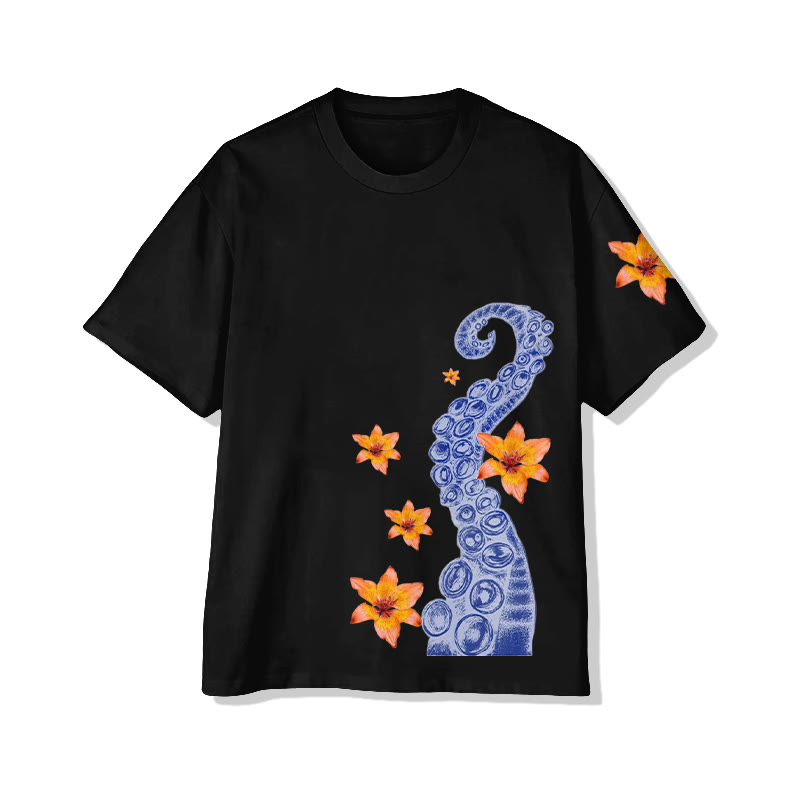 Unisex Japanese Sketch Style Octopus And Floral Art Pattern Cotton  Print T-shirt - Black - US20-22(3XL) - image 2