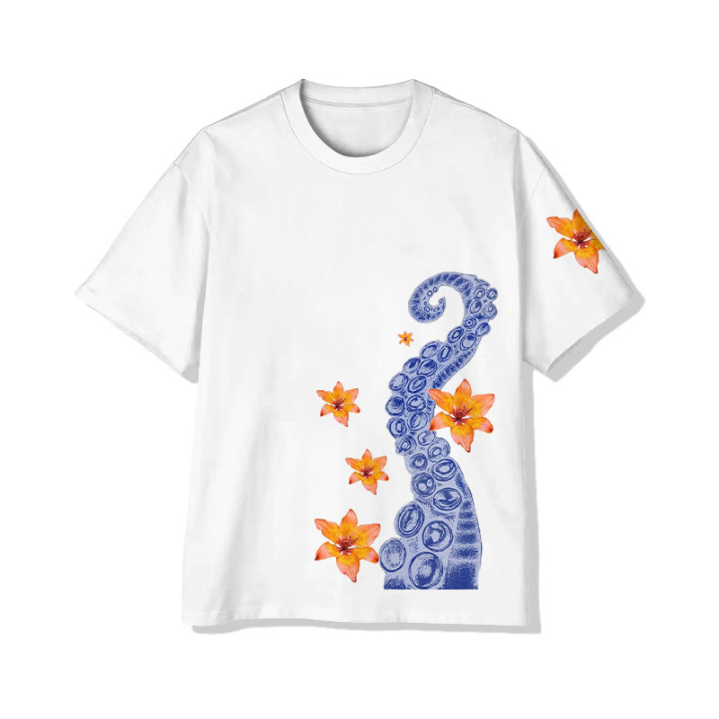 Unisex Japanese Sketch Style Octopus And Floral Art Pattern Cotton  Print T-shirt - White - US20-22(3XL) - image 1