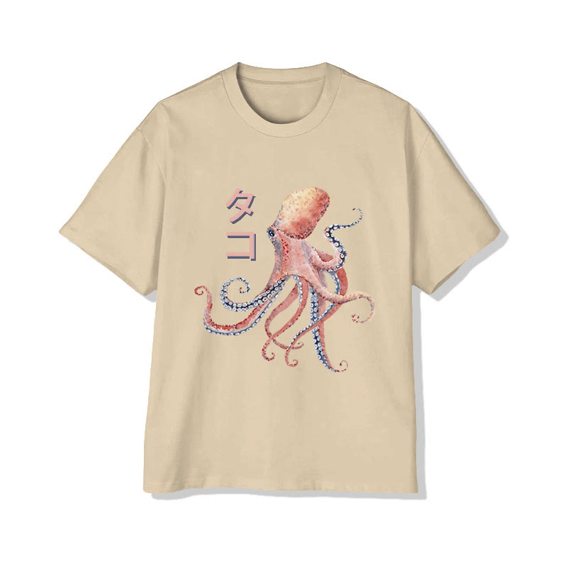 Unisex Japanese Watercolor Octopus Art Pattern Cotton Print T-shirt - Apricot - US20-22(3XL) - image 3