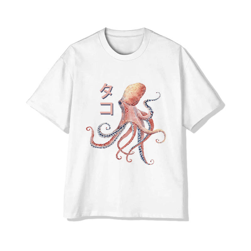 Unisex Japanese Watercolor Octopus Art Pattern Cotton Print T-shirt - White - US20-22(3XL) - image 1