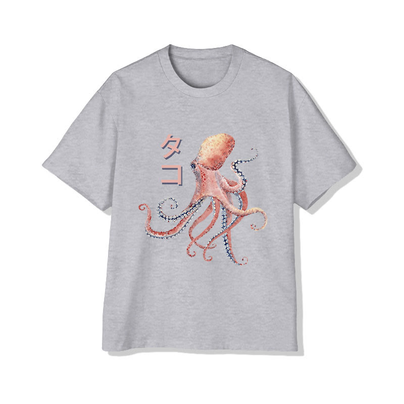 Unisex Japanese Watercolor Octopus Art Pattern Cotton Print T-shirt - Grey - US20-22(3XL) - image 4