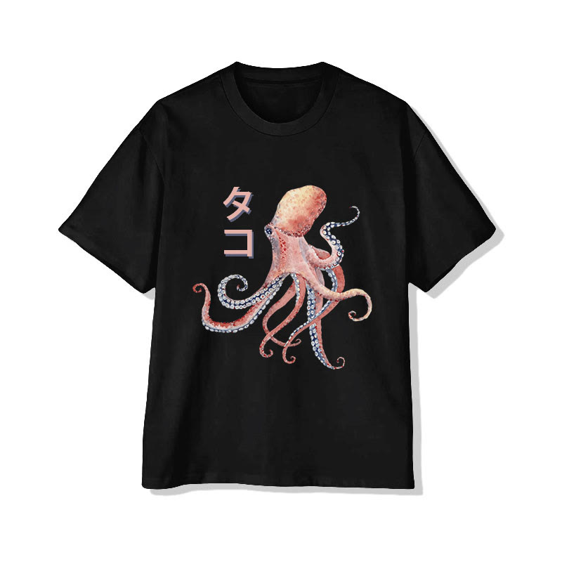 Unisex Japanese Watercolor Octopus Art Pattern Cotton Print T-shirt - Black - US20-22(3XL) - image 2