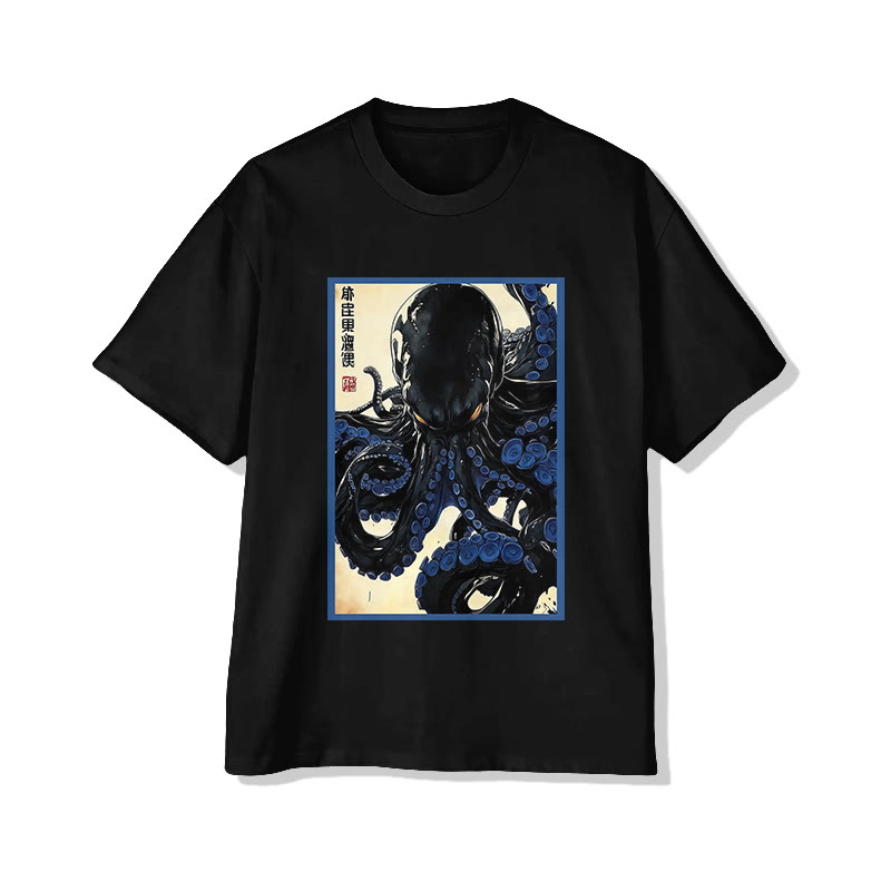 Unisex Japanese Ink Octopus Art Pattern Cotton Print T-shirt - Black - US20-22(3XL) - image 2