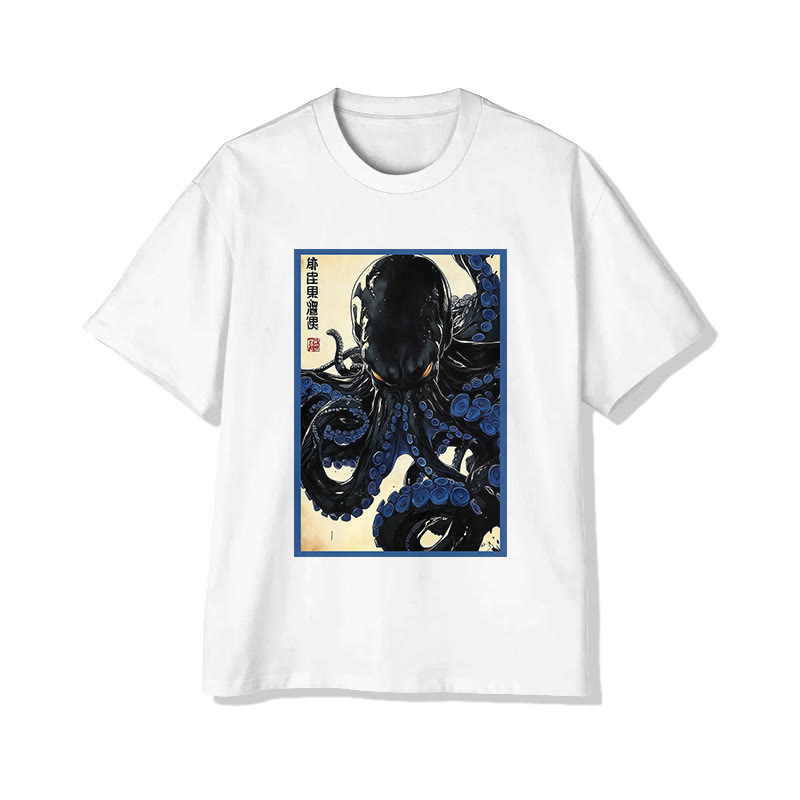 Unisex Japanese Ink Octopus Art Pattern Cotton Print T-shirt - White - US20-22(3XL) - image 1