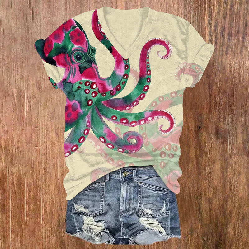 Watercolor Art Octopus Pattern Print Short Sleeved V-neck T-shirt - Apricot - US32-34(5XL) - image 1
