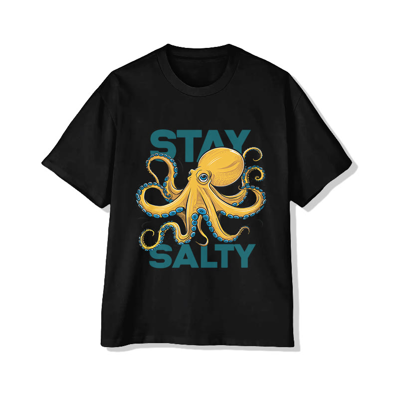 Unisex Stay Salty Octopus Art Pattern Cotton Print T-shirt - Black - US20-22(3XL) - image 2