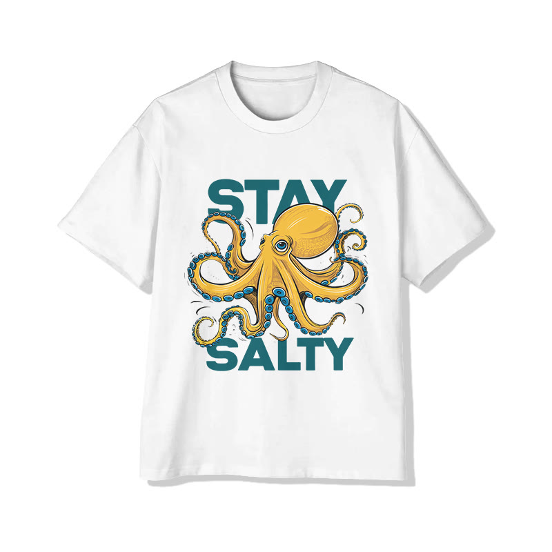 Unisex Stay Salty Octopus Art Pattern Cotton Print T-shirt - White - US20-22(3XL) - image 1