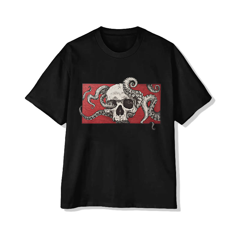 Unisex Skull Octopus Art Pattern Cotton Print T-shirt - Black - US20-22(3XL) - image 2