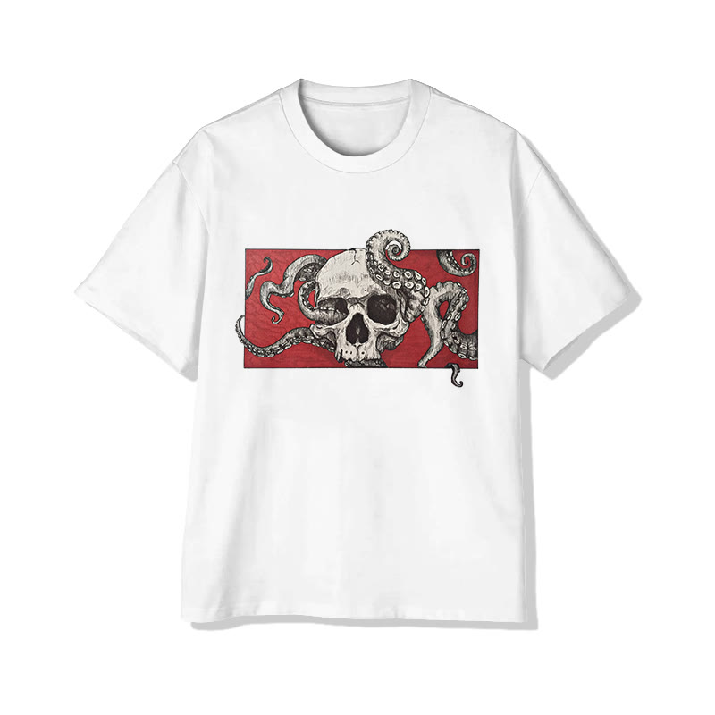 Unisex Skull Octopus Art Pattern Cotton Print T-shirt - White - US20-22(3XL) - image 1