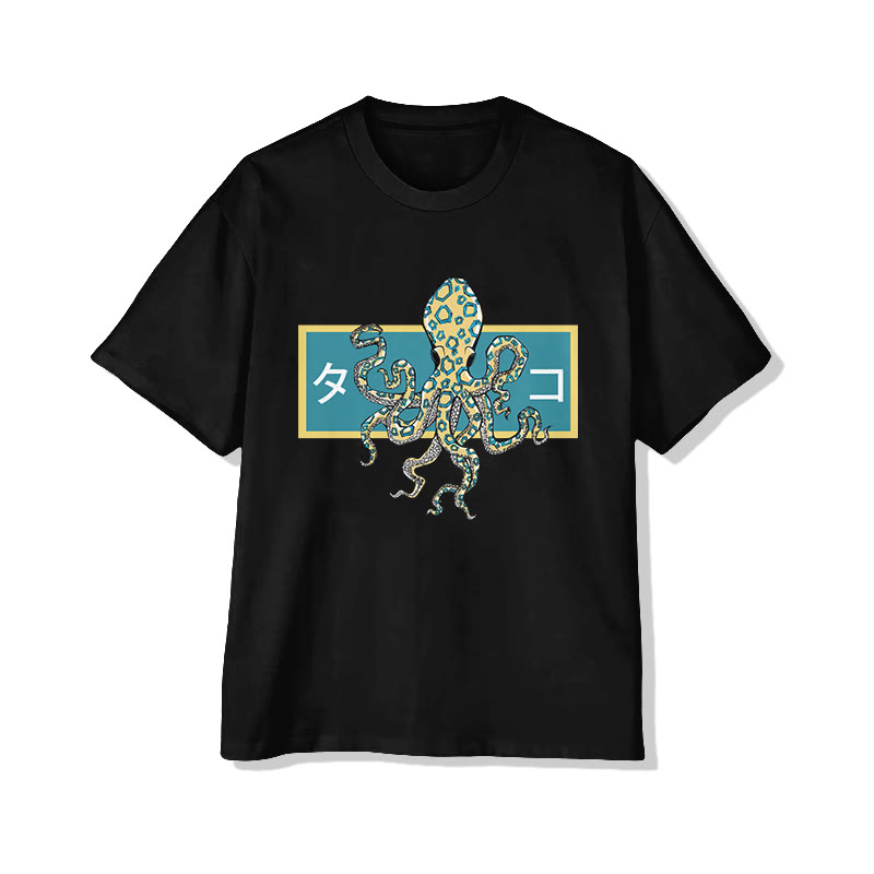 Unisex Japanese Blue-ringed Octopus Art Pattern Cotton Print T-shirt - Black - US20-22(3XL) - image 2
