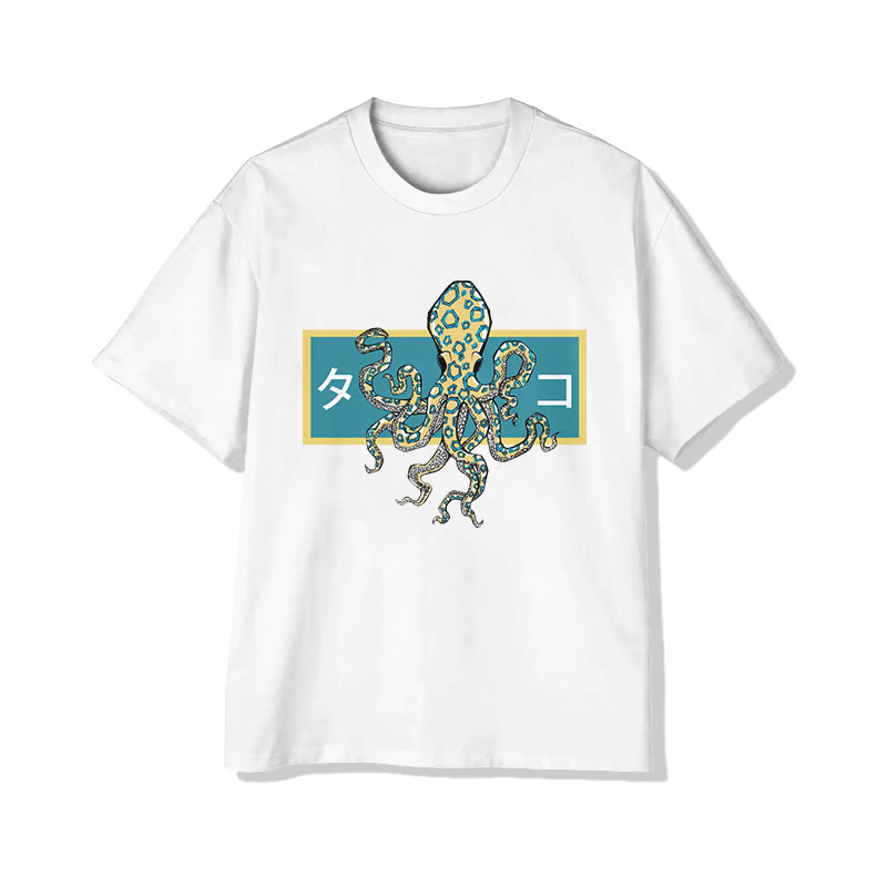 Unisex Japanese Blue-ringed Octopus Art Pattern Cotton Print T-shirt - White - US20-22(3XL) - image 1