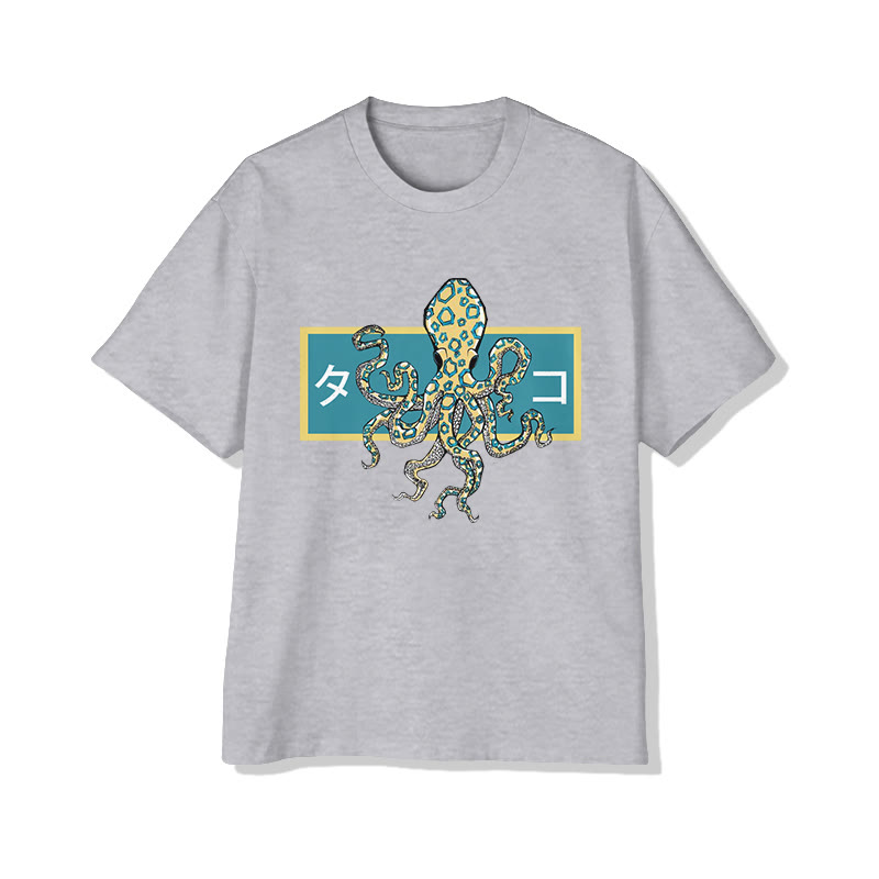 Unisex Japanese Blue-ringed Octopus Art Pattern Cotton Print T-shirt - Grey - US20-22(3XL) - image 4