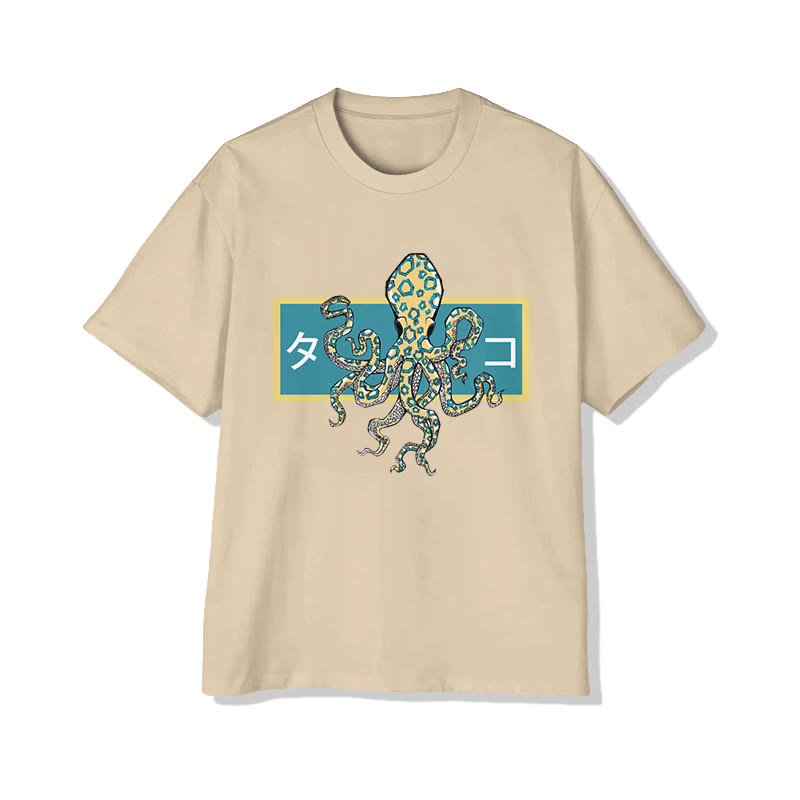 Unisex Japanese Blue-ringed Octopus Art Pattern Cotton Print T-shirt - Apricot - US20-22(3XL) - image 3