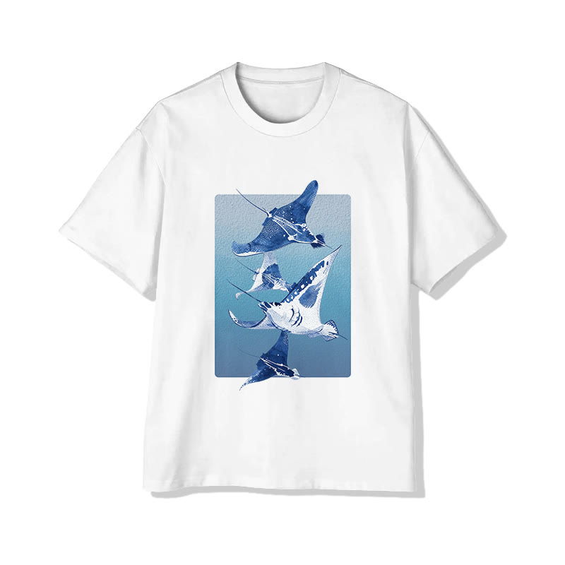 Unisex Ocean Flying Manta Ray Art Pattern Cotton Print T-shirt - White - US20-22(3XL) - image 1