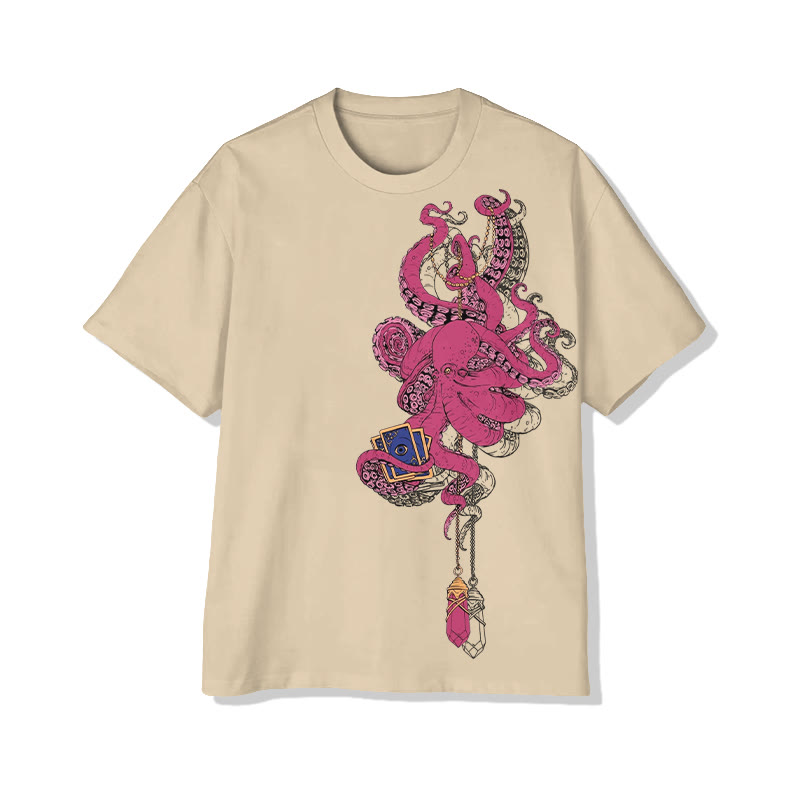 Unisex Japanese Tarot Crystal Octopus Art Pattern Cotton Print T-shirt - Apricot - US20-22(3XL) - image 2