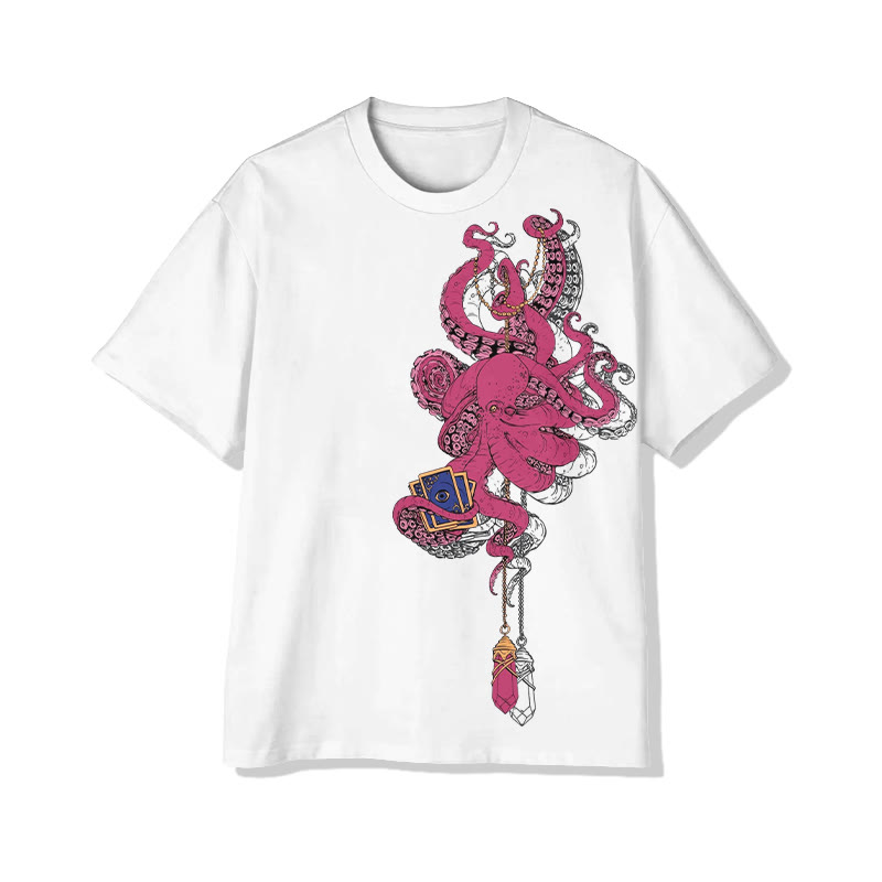 Unisex Japanese Tarot Crystal Octopus Art Pattern Cotton Print T-shirt - White - US20-22(3XL) - image 1