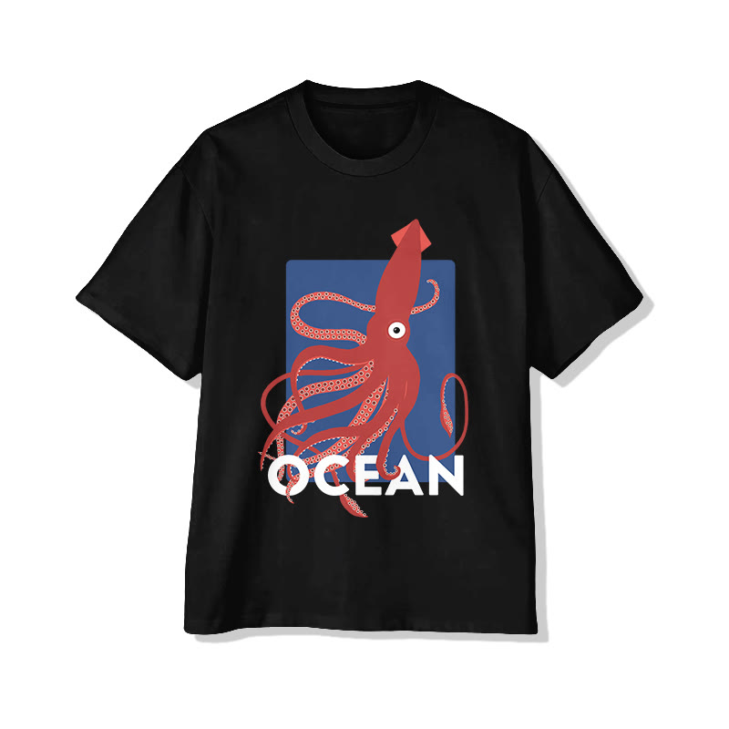 Unisex Japanese Ocean Squid Art Pattern Pattern Cotton Print T-shirt - Black - US20-22(3XL) - image 2